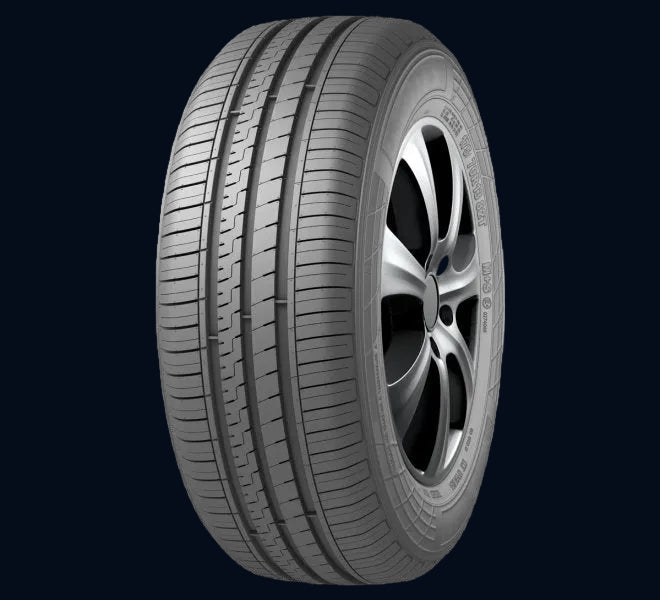 A single black tire with criss-cross grooves, designed for vehicle stability and water evacuation.