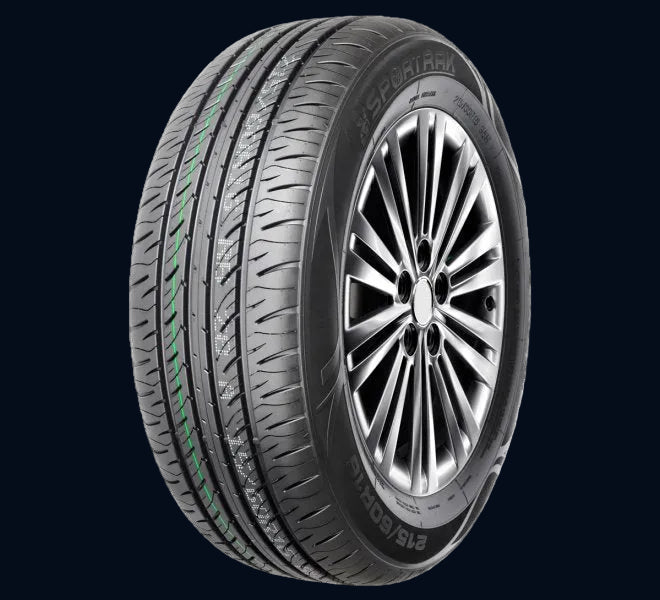 A black Sportrak SP716 tire with criss-cross grooves, mounted on a silver multi-spoke alloy wheel.
