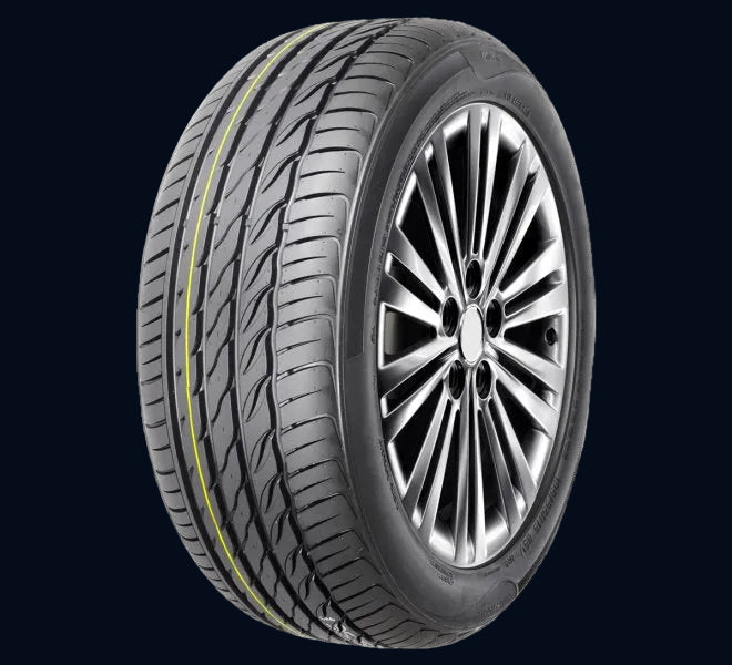 A black performance tire with asymmetric tread design, marked with the brand name Sportrak and the model details.