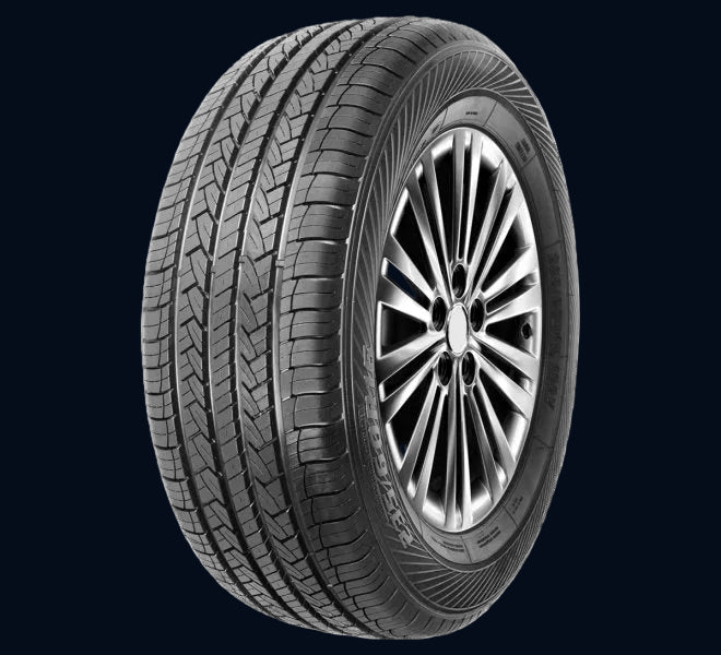 A single black tire with tread pattern, designed for vehicles such as SUVs or sedans, displayed against a white background.