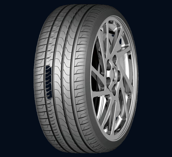 A single black tire with a tread pattern, designed for vehicle use.